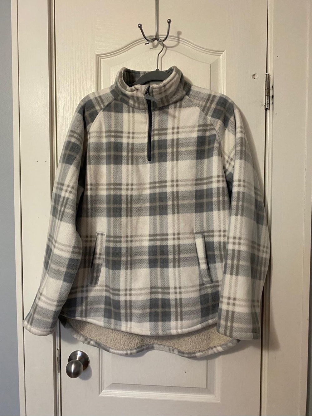 JACHS Girlfriend Gray & White Plaid Half-Zip Fleece Pullover Jacket Womens